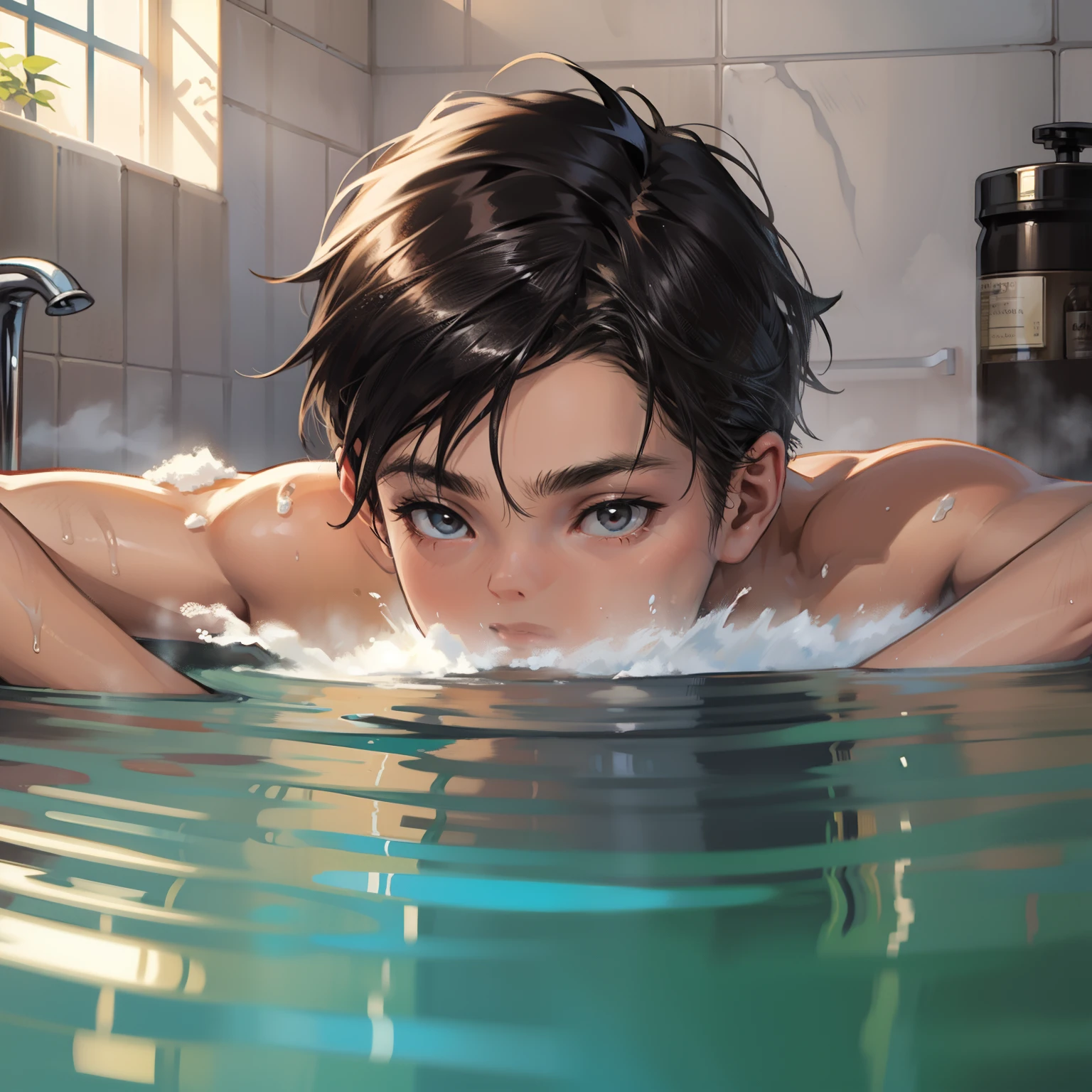 Anime boy in a pool with his head above the water - SeaArt AI