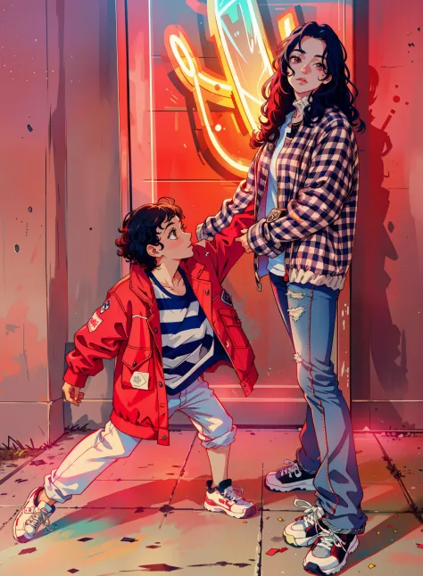 woman，Baby wearing a red down jacket，neonlight，The woman was wearing dark blue jeans，athletic sneakers，curlies