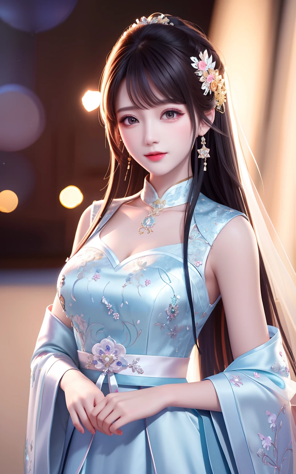 best qualtiy， tmasterpiece， A high resolution， 1girl，Chinese wedding dress，hair adornments，choker necklace，jewely，beauitful face，upon_body，Tyndall effect，realisticlying，dark studio，edge lit，twotonelighting，（highdetailskin：1.2），8k UHD，digital SLR camera，gentle illumination，high high quality，Volumetriclighting，Frankness，photore，A high resolution，4k，8k，bokeh，slutty，flirty，