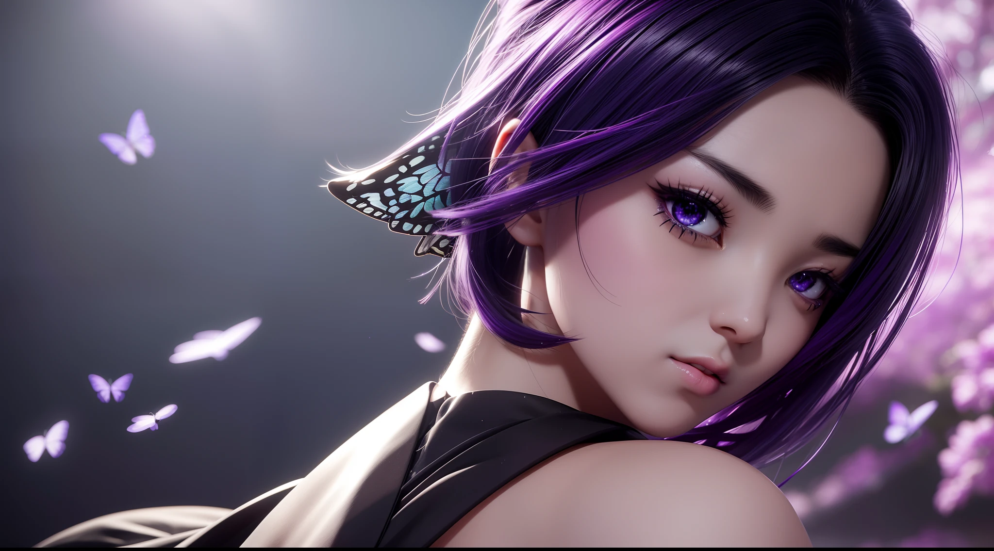 shinobu kochou, parte superior del cuerpo enfocada, 1 chica, vestido negro, Ojos chispeantes, pelo morado oscuro, fondo de noche de mariposa, Bonita cara perfecta con piel suave., Detalle intrincado, resolución 8k, obra maestra, resolución 8k photorealistic obra maestra, fotografía profesional, iluminación natural, textura detallada,