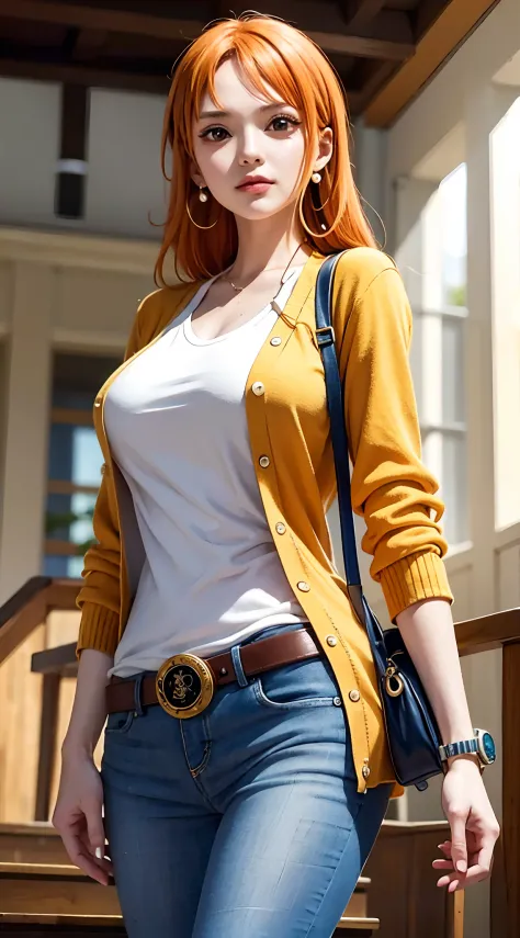 nami from the one piece anime, long hair, orange hair, wearing a white shirt, cream cardigan, long blue jeans, wearing a watch, ...