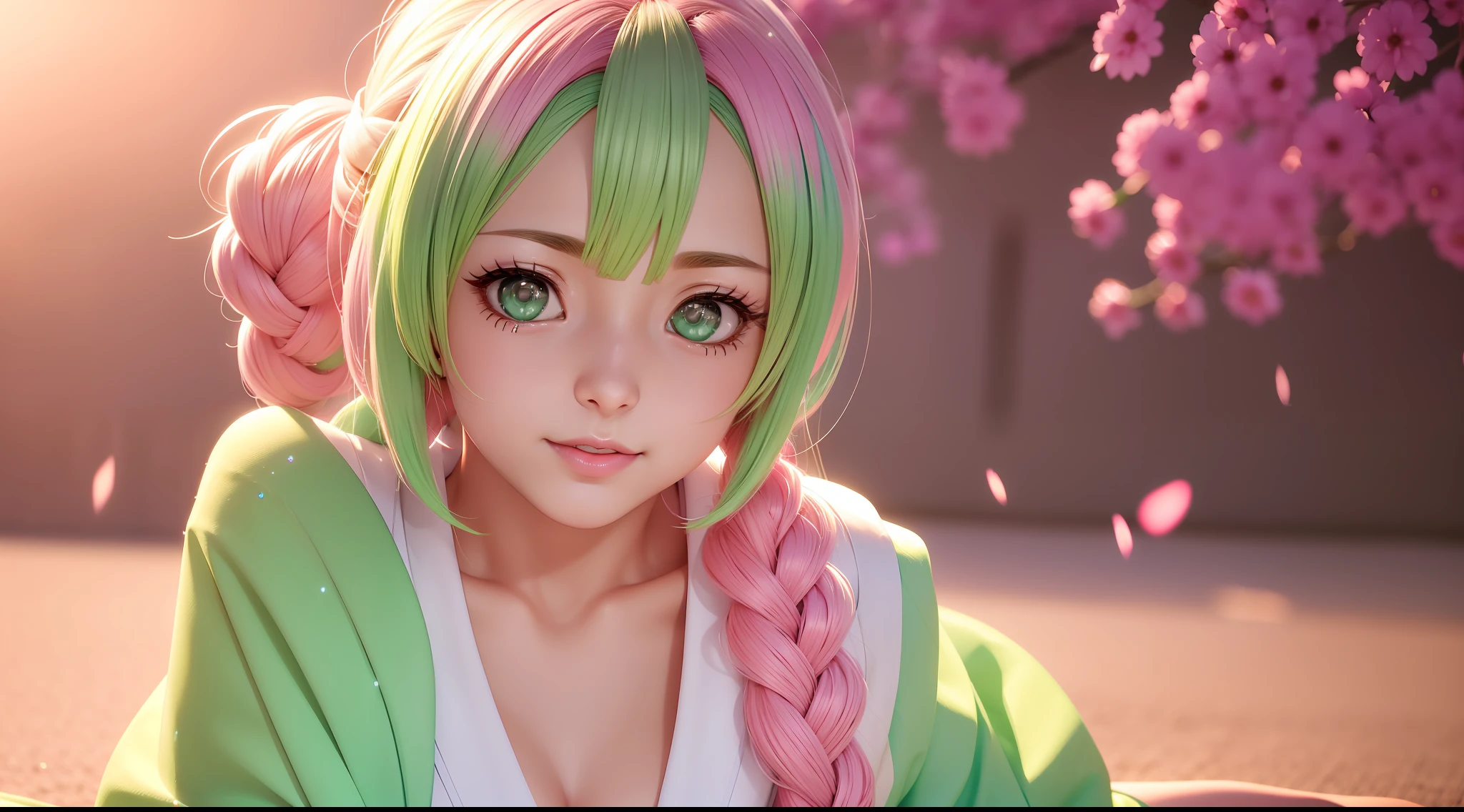 mitsuri kanroji, focused upper body, 1 girl, white kimono, sparkling eyes, pink and green hair, pink love background, nice perfect face with soft skin, intricate detail, 8k resolution, masterpiece, 8k resolution photorealistic masterpiece, professional photography, natural lighting, detailed texture,