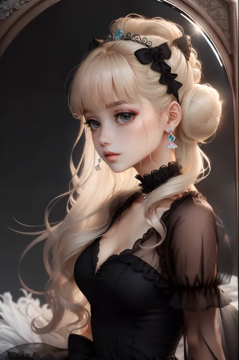 Princess　A Princess　Soft　Good style best quality(Highest Quality) , High quality(hiquality)　Black fluffy dress blonde with soft hair　corolla　Bun hair The whole body is reflected Very delicate tone and good atmosphere