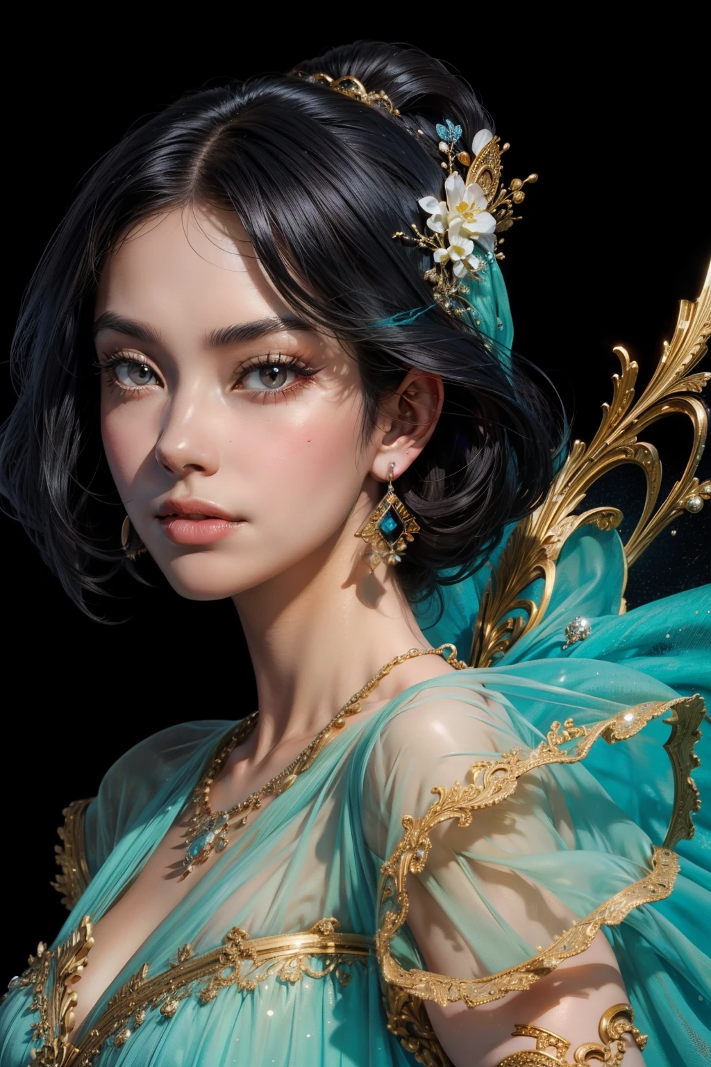 Close-up of a woman with black hair, Belle peinture de personnage, haughty, black hair, hair ornament, raised eyebrows, raised eyebrows, wide eyes, earrings, depth of field, tachi-e, first-person view, Wide-Angle, high quality, highres