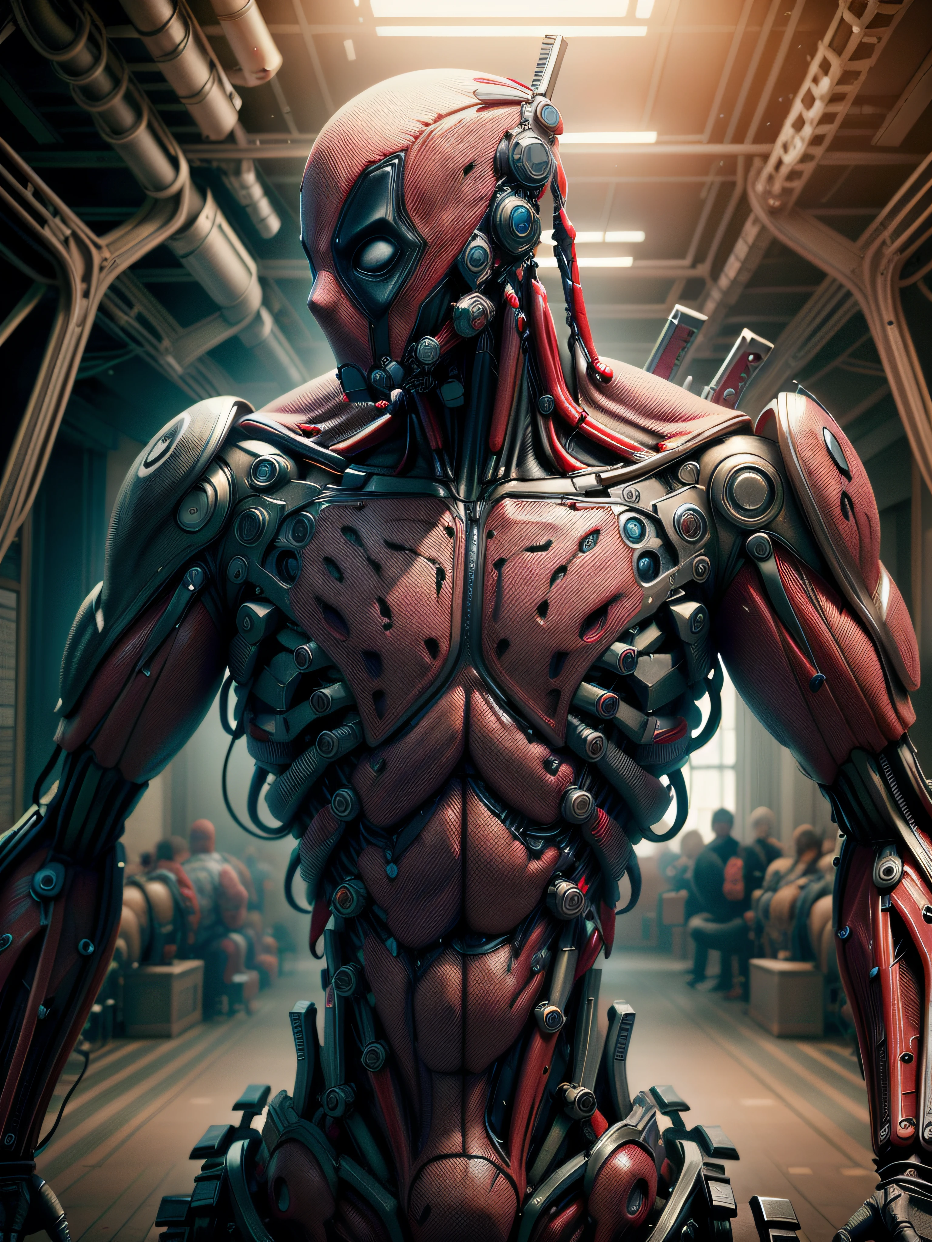 male Deadpool blending organic and futuristic elements, ((with a left side of anatomical human body and a right side half transformed into a biomechanical robot body)), fighting pose, 16k, RAW photo, best quality, masterpiece, high detail RAW color photo, dramatic lighting, cinematic lighting,