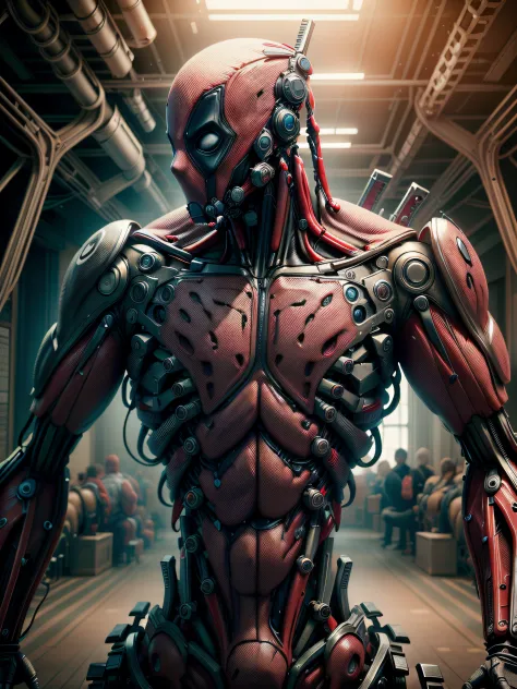 male Deadpool blending organic and futuristic elements, ((with a left side of anatomical human body and a right side half transf...