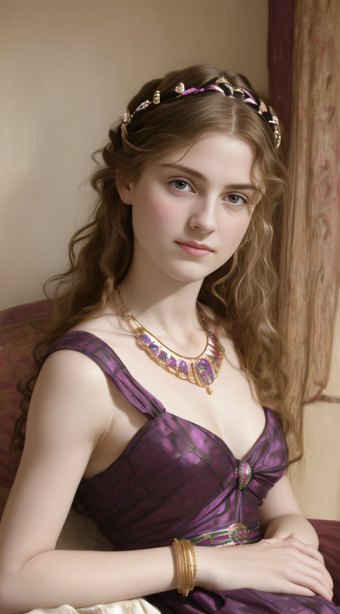 masterpiece, best quality, RAW portrait photograph, high quality picture of a 18 yo english woman, a bacchante, photorealistic, cinematic, dramatic, perfect face, well formed facial features, calm peaceful happy expression, sexy, sensual, glowing pale white skin, long loose flowing fair hair, diadem, small breasts, perfectly formed breasts, beautiful iridescent patterned dark pink grecian style dress, arm band, bracelet, necklace, jewels,  interior bedroom, ,sargent, jw waterhouse ,