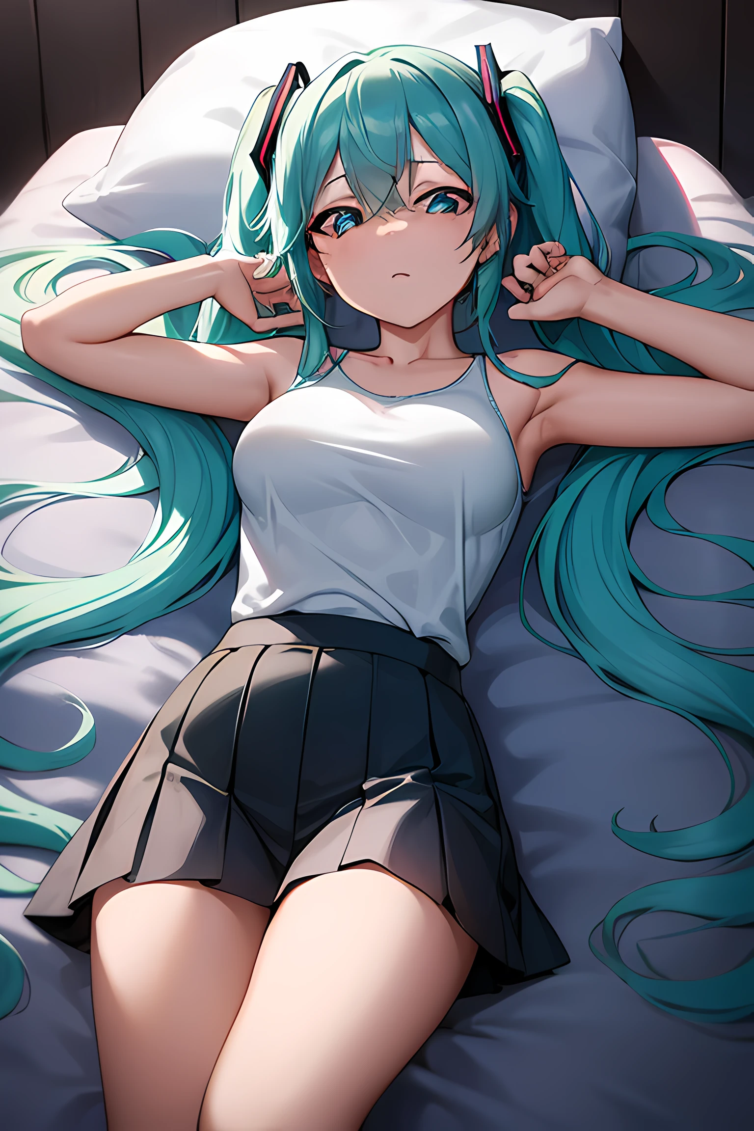 Chica de anime acostada sobre una almohada blanca y esponjosa de lado con auriculares puestos, Hatsune Miku, ventana, noche estrellada