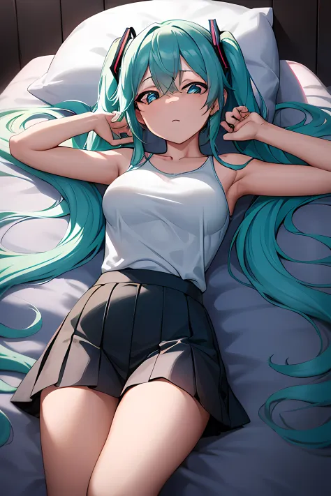 Chica de anime acostada sobre una almohada blanca y esponjosa de lado con auriculares puestos, Hatsune Miku, ventana, noche estr...