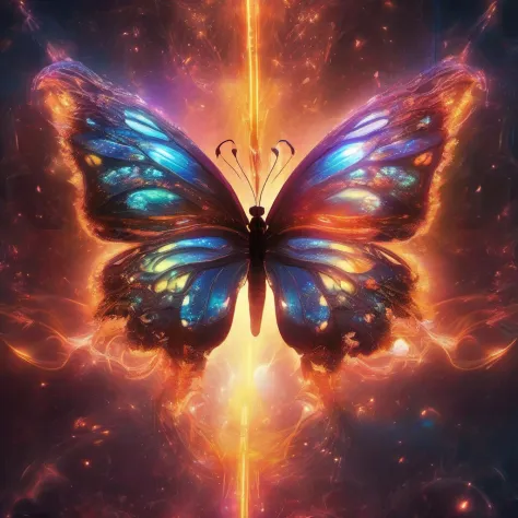 ((best quality)), ((masterpiece)), ((realistic)), butterfly explosion, celestial, light particles, (bioluminescent:0.95) flame, bioluminescence, phoenix, Vibrant, Colorful, Color, (Glow, Glow), (Beautiful Composition), Cinematic Lights, Intricate, (Symmetr...