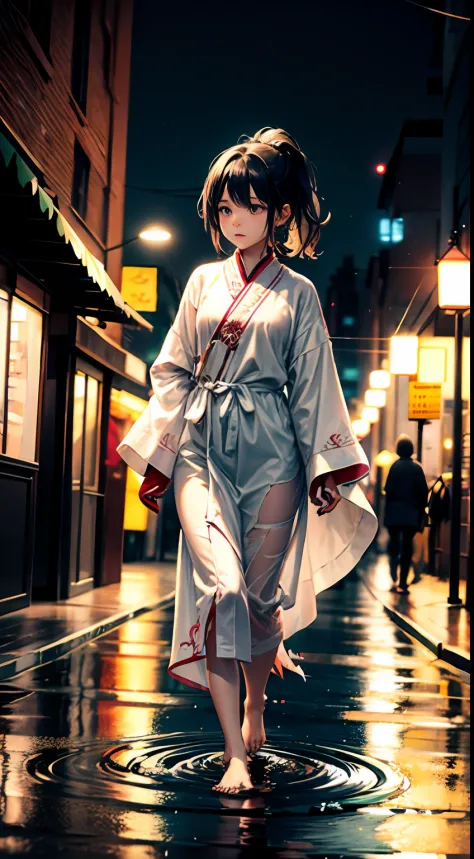 deep in the night，little bit of raining，bit girl，The expression is shy，Black hair with high ponytail，Wear Taoist clothing，baggy、Comfortable robe sleeves，Clothes hang down to the ankles，Loose collar，The placket is inlaid with delicate embroidery or pattern，...
