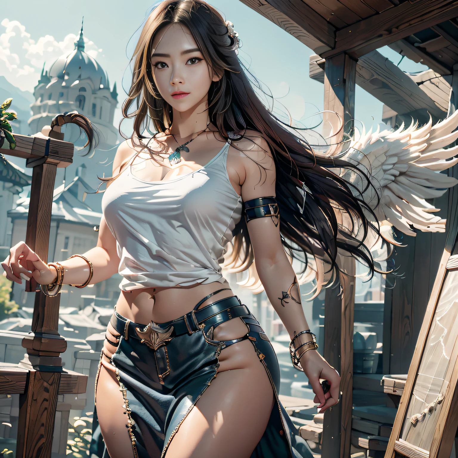 hyper HD, Anatomically correct, retinas, Super detail, Award-Awarded, Best quality, High details, Textured skin, Masterpiece, ccurate, High quality, A high resolution, 8k，1girl in, solo, offcial art, Unity 8k wallpaper, ultra - detailed, prettify、Aesthetic, tmasterpiece, top-quality, Photorealsitic, A female angel、It has 6 large white wings on its back:2.0、Wings of a bird of prey、Blazing Angel、Silver armor:2.0、Luminous imprint，Luminous imprint，Silver gauntlet、Silver Insoles、White fabric、Hair ornaments with small wings、valkyrie、Very large wide sword、Glowing angel circle、angelic halo:2.0、Light magic、depth of fields, Fantastic atmosphere, calm color palette, Soft Shading、You can see the forest in the distance、See remote mountain castles、ellegance、Full body like、busty figure、Large full breasts、wide waist、Floating in the air:2.0、Flying in the sky:2.0、Fry high in the air、Sky on the steppe、You can see the castle on the hill in the distance