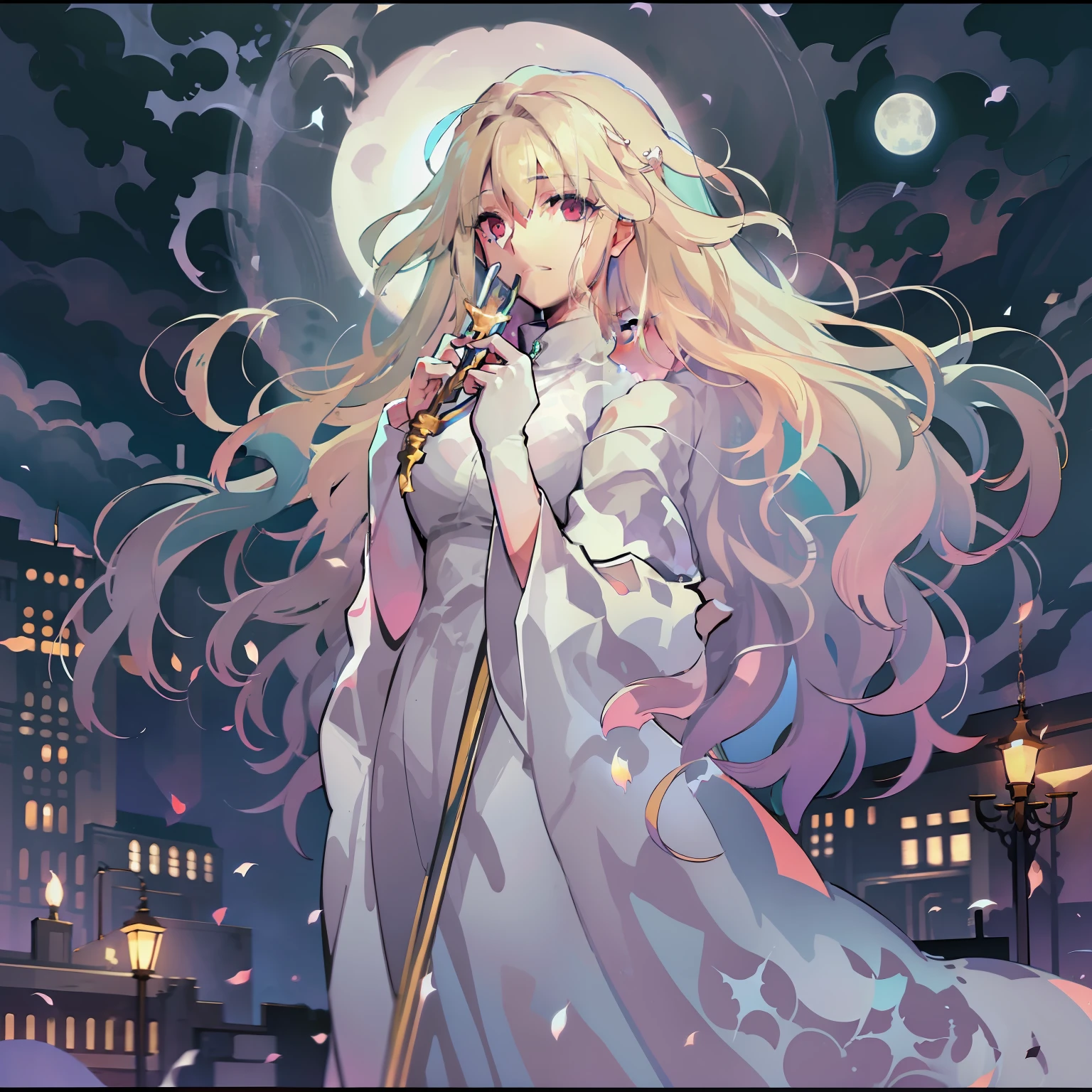 Queen of the Moonlit Night、a blond、Long straight hair、robe blanche