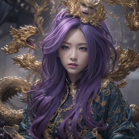 32K（tmasterpiece，k hd，hyper HD，32K）Long flowing bright purple hair，Autumn Pond，zydink， a color， Asian people （Silly girl）， （Silk...