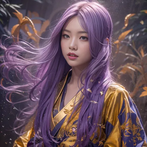 32K（tmasterpiece，k hd，hyper HD，32K）Long flowing bright purple hair，Autumn Pond，zydink， a color，  Asian people （Silly girl）， （Sil...