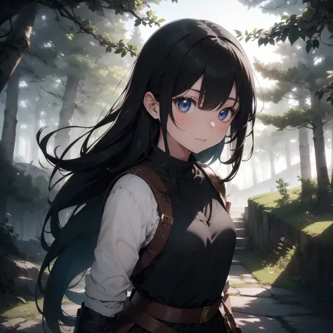 1girl, solo, super fine illustration, an extremely delicate and beautiful, best quality, one eye covered, long flowing black hair, muscular build, carrying an oversized sword, armor with an antique, battle-worn aesthetic, mysterious and powerful, surrounde...