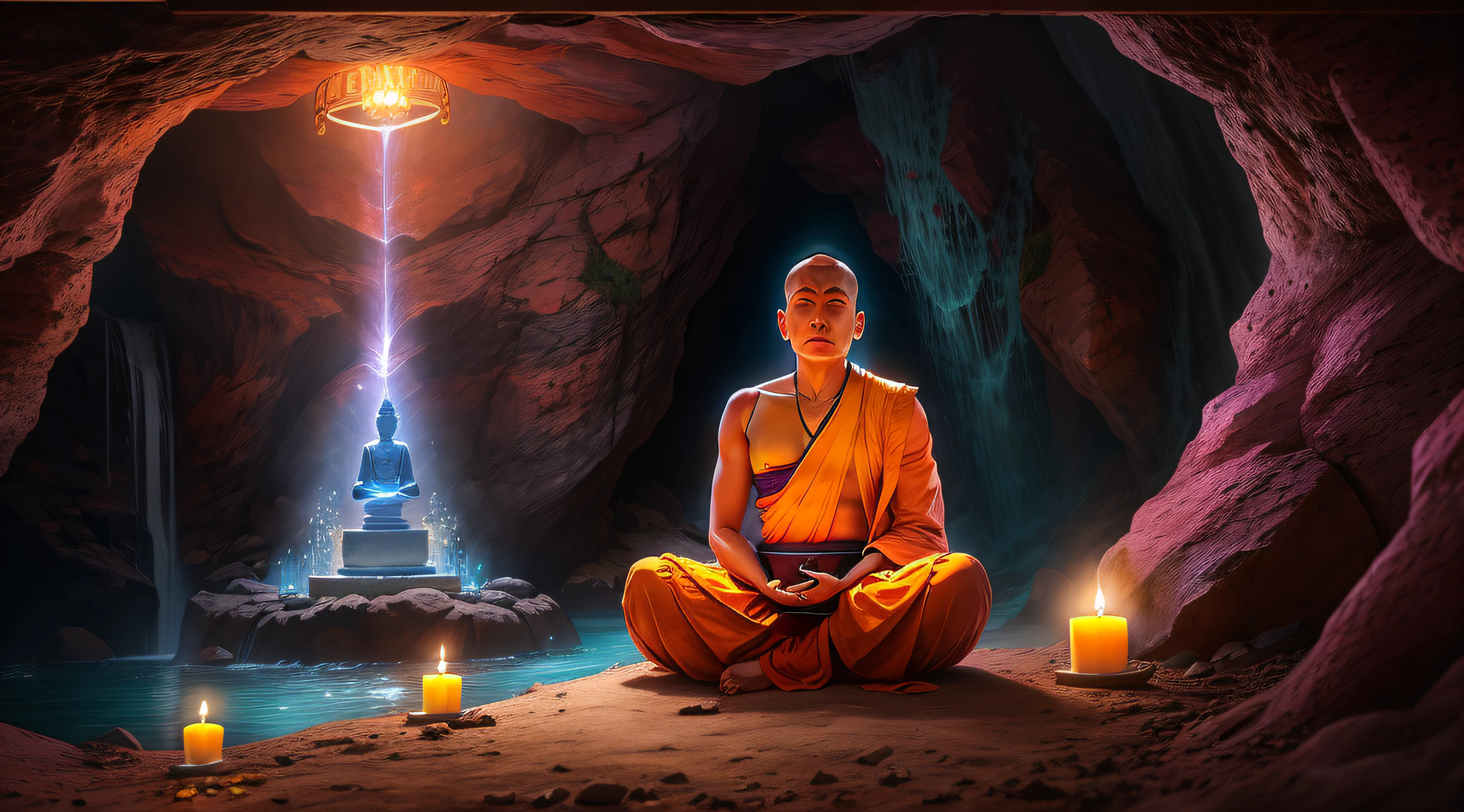 a person sitting in a cave with candles lit up, hindu stages of meditation, monk meditate, meditating, a mystical temple, praying meditating, buddhist monk meditating, glowing temple in the distance, floating in a powerful zen state, buddhism, meditation, buddhist, in a cave with the waterfall, mystical setting, underground temple, mysterious temple setting,