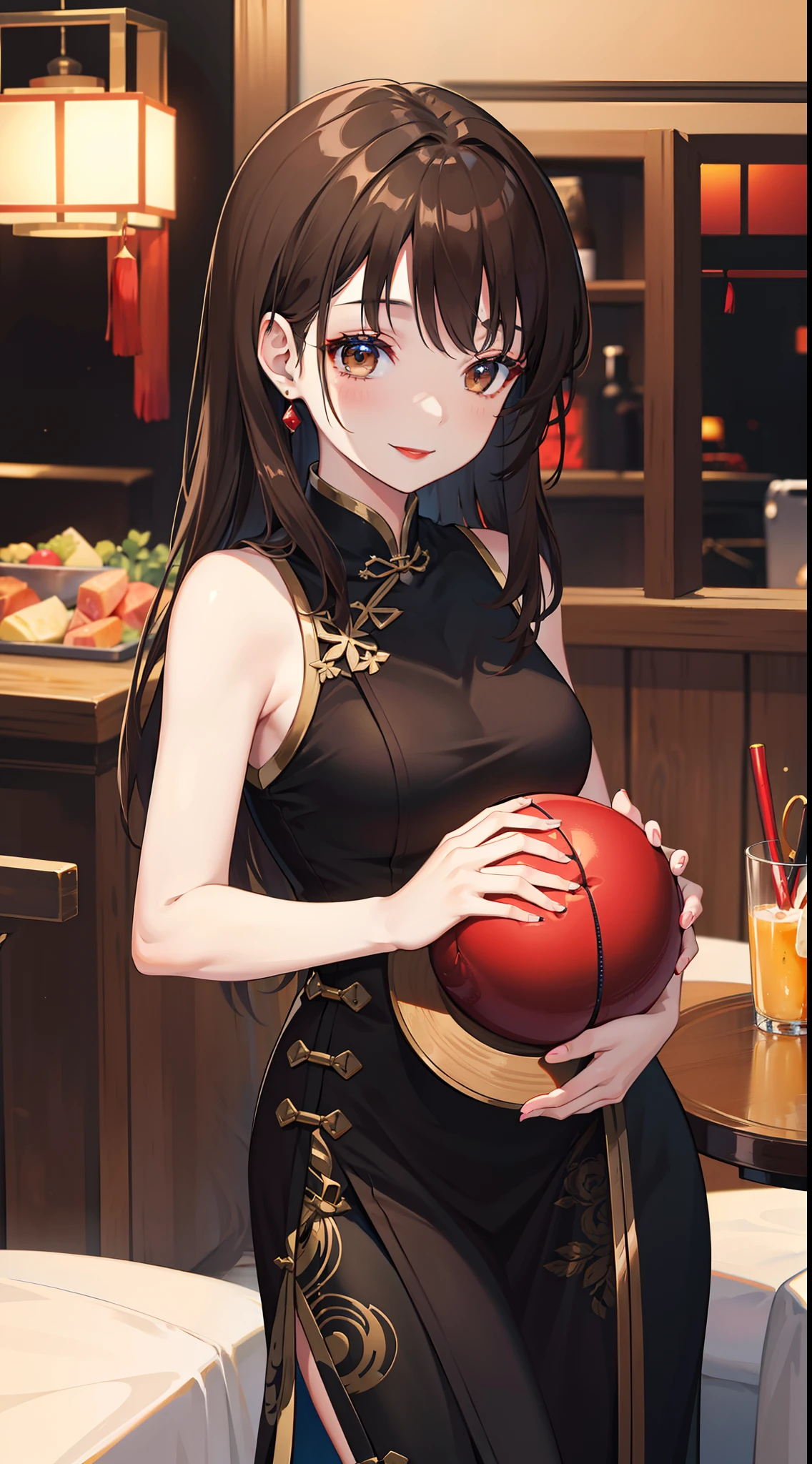 Anime girl in a black dress holding a red ball - SeaArt AI