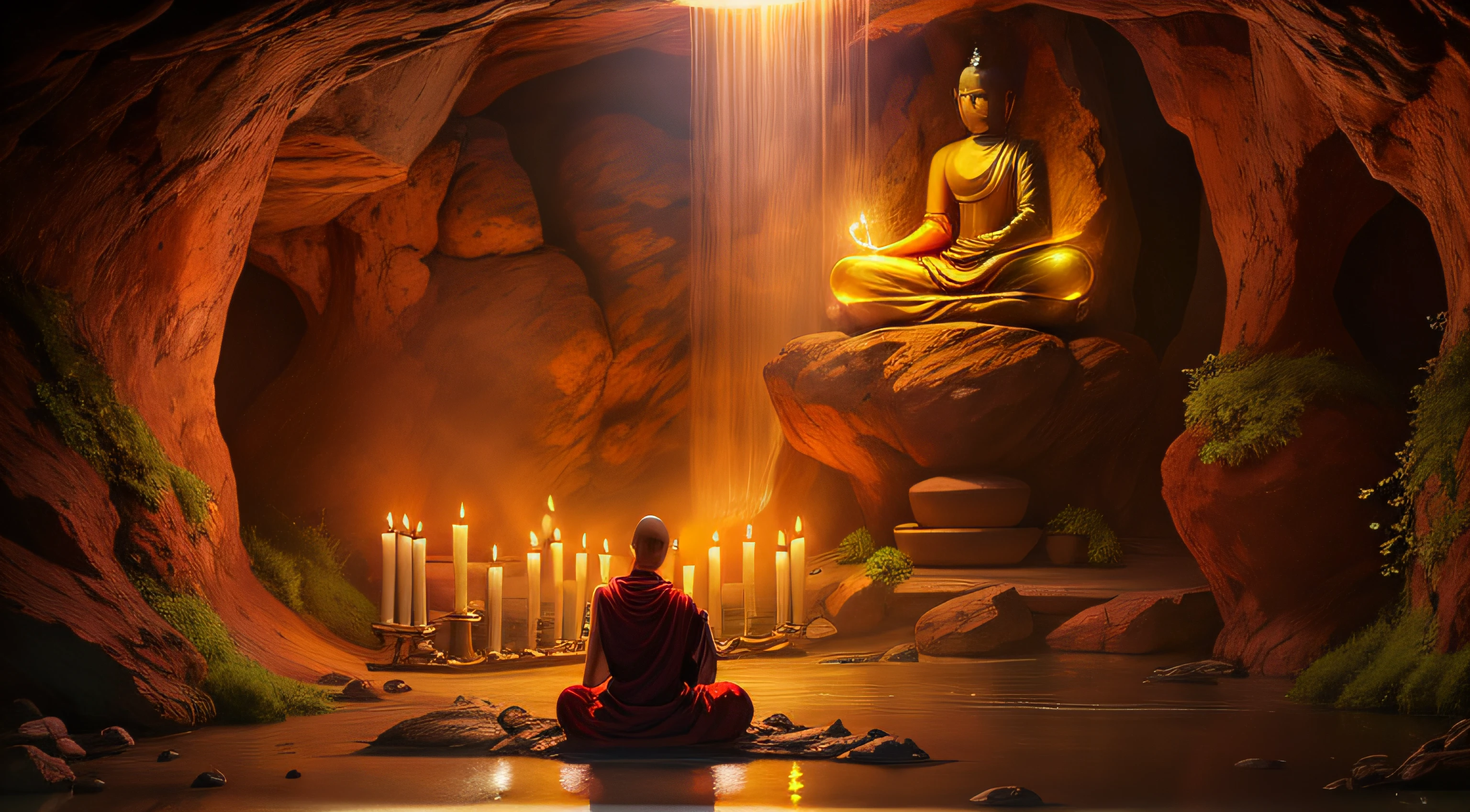 a person sitting in a cave with candles lit up, hindu stages of meditation, monk meditate, meditating, a mystical temple, praying meditating, buddhist monk meditating, glowing temple in the distance, floating in a powerful zen state, buddhism, meditation, buddhist, in a cave with the waterfall, mystical setting, underground temple, mysterious temple setting,