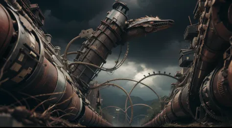 Severely distorted,  The gloomy sky gradually darkened, A bizarre object composed of twisted feathers/Machinery/pipelines/Rusty components float in the air, extra detail, 4kHD details, Best resolution, Surrealist composition, Extreme camera angles, Motion ...