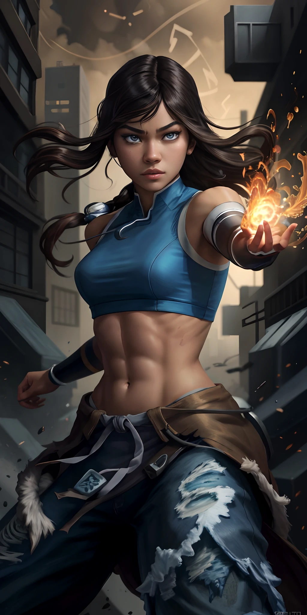 A woman with a sword and a blue top is holding a fire - SeaArt AI