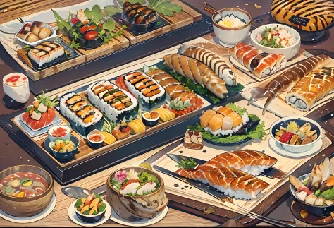 tmasterpiece，best qualtiy，illustration，complexdetails，Dishes Japan Ichidai，Foie gras，salmon，Grilled live eel，sushi，Large volumes，Warship sushi，Superb sushi，Saury