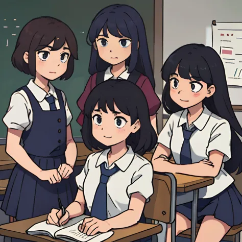 Three girls，Point ahead，A mocking expression，despise，despised，disdain，In the classroom