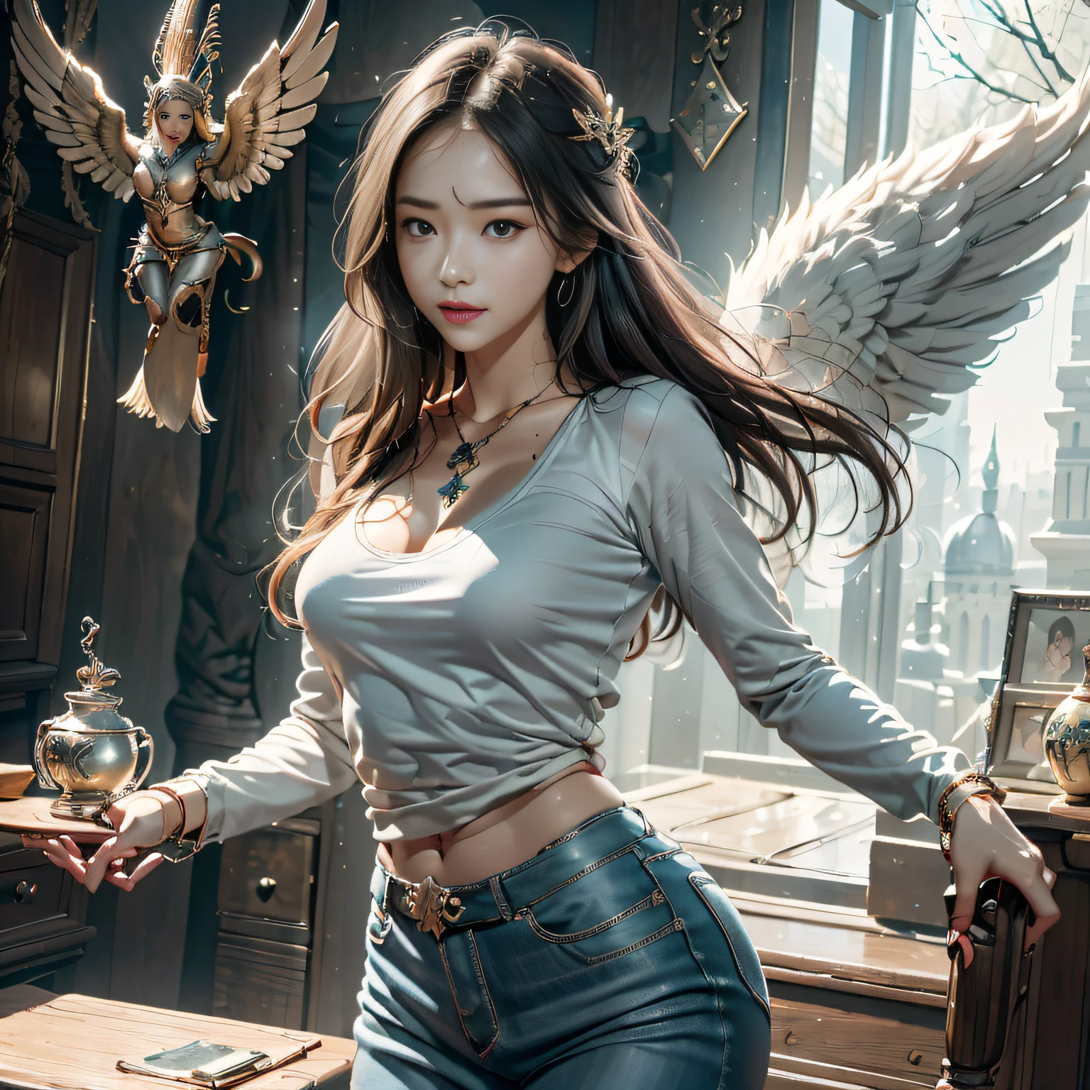 hyper HD, Anatomically correct, retinas, Super detail, Award-Awarded, Best quality, High details, Textured skin, Masterpiece, ccurate, High quality, A high resolution, 8K，1girl in, 独奏, offcial art, Unity 8k wallpaper, ultra - detailed, prettify、Aesthetic, tmasterpiece, top-quality, Photorealsitic, A female angel、It has 6 large white wings on its back:2.0、Wings of a bird of prey、Blazing Angel、Silver armor:2.0、Glow-in-the-dark imprint，Glow-in-the-dark imprint，Silver gauntlet、Silver Solette、White fabric、Hair ornaments with small wings、Valkyrie、Very large wide sword、Glowing angel circle、angelic halo:2.0、Light magic、depth of fields, Fantastic atmosphere, calm color palette, Soft Shading、You can see the forest in the distance、See remote mountain castles、ellegance、Full body like、busty figure、Large full breasts、wide waist、Floating in the air:2.0、Flying in the sky:2.0、Fry high in the air、Sky on the steppe、You can see the castle on the hill in the distance