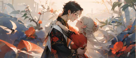 (Super detailed CG unity 8k personality wallpaper，Masterpiece level,Best picture quality),（a young man and a woman），A couple，is dancing，Pleasure，gleeful，Love，love heart，magpie，Chinese costumes，China-style，meticuloso，Super meticulous，hyper HD，Valentine's Da...