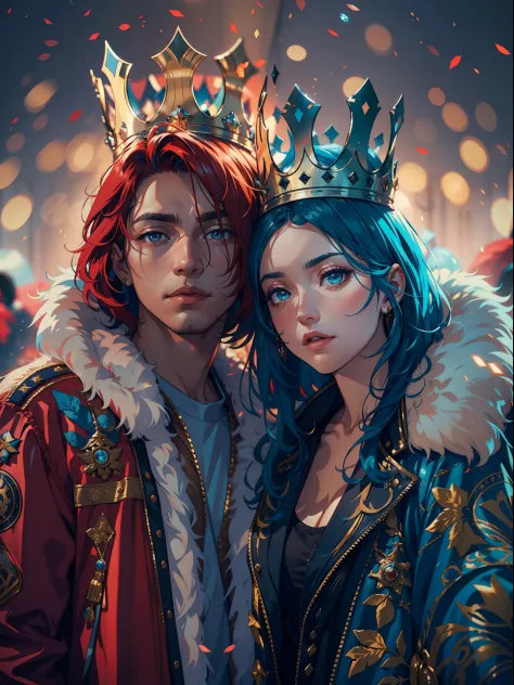 Top-quality jacket featuring a gorgeous King and Queen. Opposite to each other, two individuals with blue and red hair. (Sony alpha a7 III), background bokeh, ultra Detailed, 8K UHD.