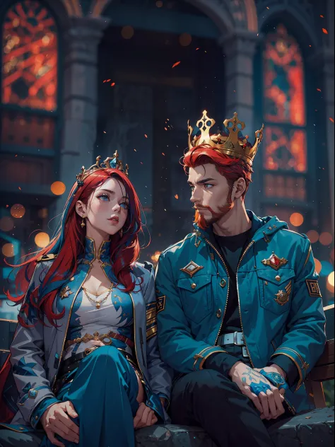 Top-quality jacket featuring a gorgeous King and Queen. Opposite to each other, two individuals with blue and red hair. (Sony alpha a7 III), background bokeh, ultra Detailed, 8K UHD.