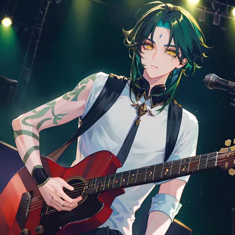 1boys，dark green hair，best quality at best，tmasterpiece，extrem，yellow eyes，malefocus，beautidful eyes，on stage，plays the guitar