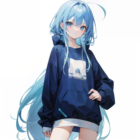 Long fleshy blue hair，Loose and simple sweatshirt，It looks small and cute