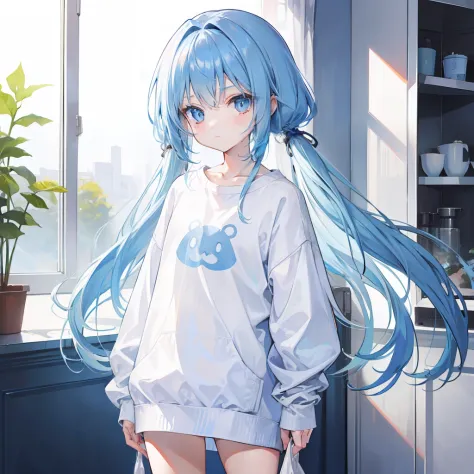 Long fleshy blue hair，Loose and simple white sweatshirt with light blue，It looks small and cute，It's a small girl