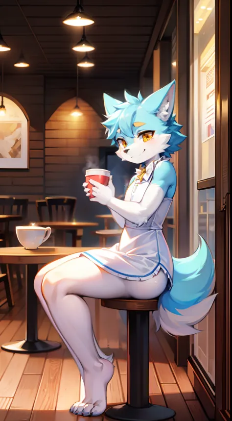 Cafe，full bodyesbian, Young Wolf, 人物, tmasterpiece，White dress, Furry tail, Highest image quality, 8K, Full HD background，Cartoony，adolable，male people，a plush，Furry，White fur，White body，Light blue ears，Orange-yellow eyes，thick eyebrow，Light smile，solo per...