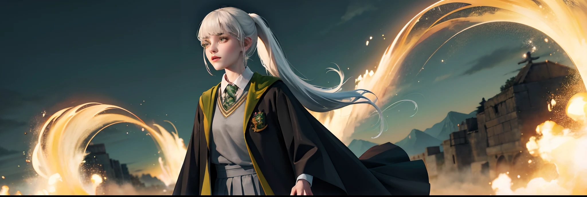 (hight resolution, Best Quality:1.2), brilliance, soft contour, a beautiful painting, Cowboy Shot, (masutepiece), 1girl in, Beautiful Girl, Hogwarts Background, Background of the magical world, Shadow Window, Cool backgrounds, hogwarts school uniform, hogsks, Slytherin, Gray hair in a ponytail, Yellow eyes, Angry look, School Dress, Long skirt, Green tie, cool lady