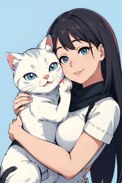 Cat being held by a woman, Big cheeks hugging a white cat, Happy smile,  Very beautiful cute girl, smiley, 1 8 I, 2 0 I, 20yr ol...