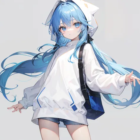 Long fleshy blue hair，Loose and simple white sweatshirt，It looks small and cute，It's a little girl