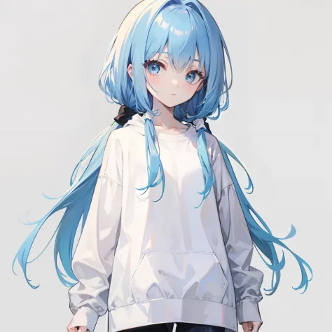 Long fleshy blue hair，Loose and simple white sweatshirt，It looks small and cute，It's a little girl