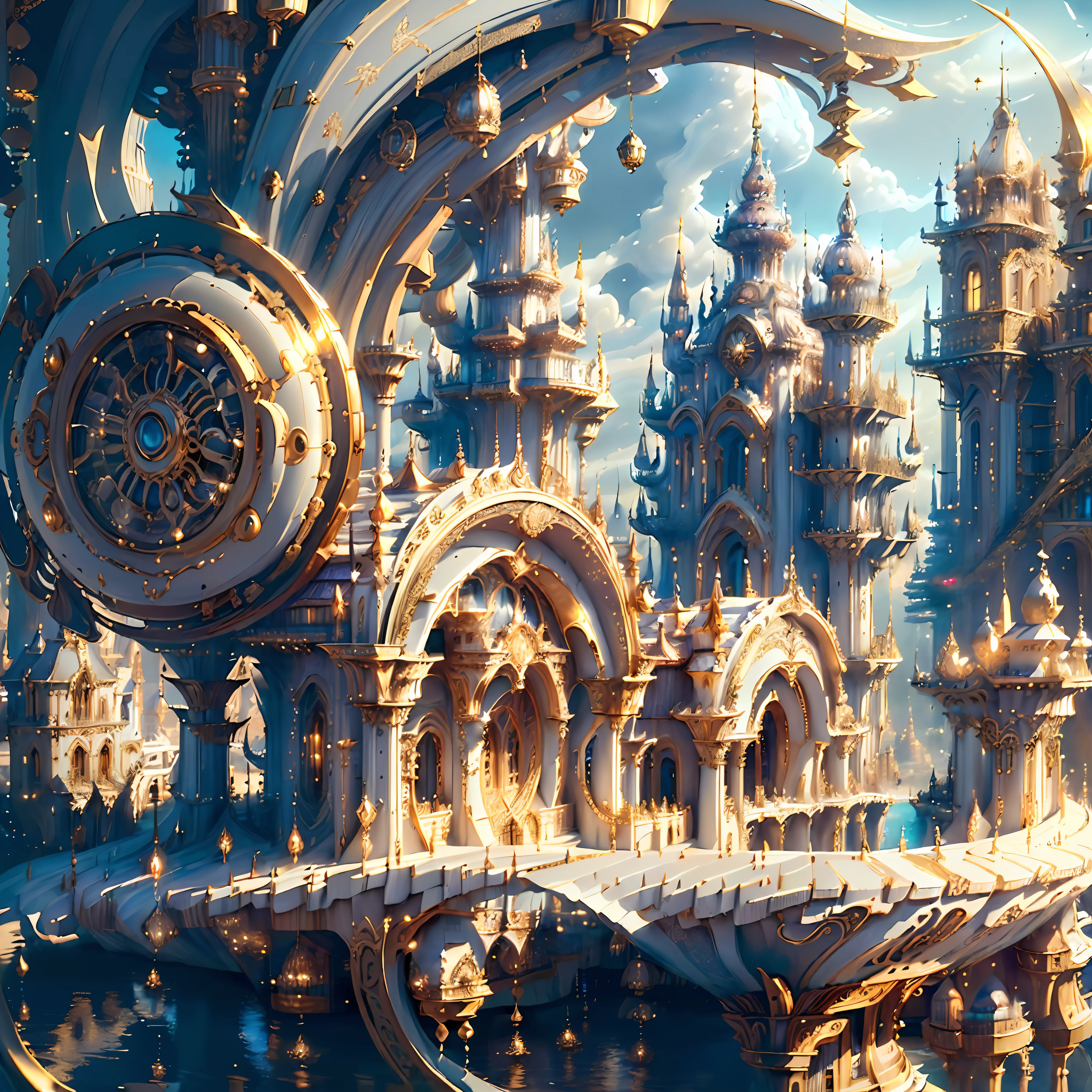 ((((Obra maestra)), Ciudad de IA de oro marfil en la noche, isométrico, Representación 3D, Muy alta definición, alto detalle, Hay un gran reloj en un plato en el agua., hermosa pintura de nave espacial, Arte digital 4k muy detallado, Preciosa máquina espacial dorada, atmósfera dorada de la ciudad steampunk, Fantasía. barco góndola, shocking Fantasía 3d rendering, futuristic persian palace, Fantasía highly detailed, beautiful detailed Fantasía, futuristic palace, detailed Fantasía digital art, magic Fantasía highly detailed