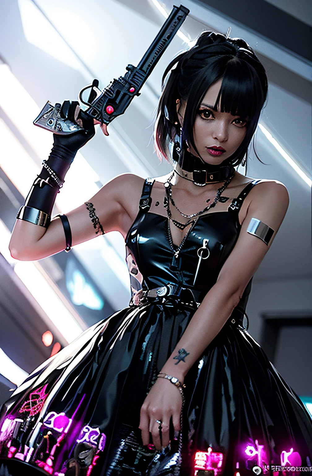 Close up portrait of woman with gun in dress, Cyberpunk Dress, Cyberpunk Anime Girl, female cyberpunk anime girl, All black cyberpunk clothes, Anime girl cosplay, cyberpunk style outfit, gothic - cyberpunk, jet black haired cyberpunk girl, wearing cyberpunk streetwear, cyberpunk fashion clothing, anime-inspired, cyberpunk streetwear, cyberpunk angry gorgeous goddess, Gothic and the future, cyberpunk outfits