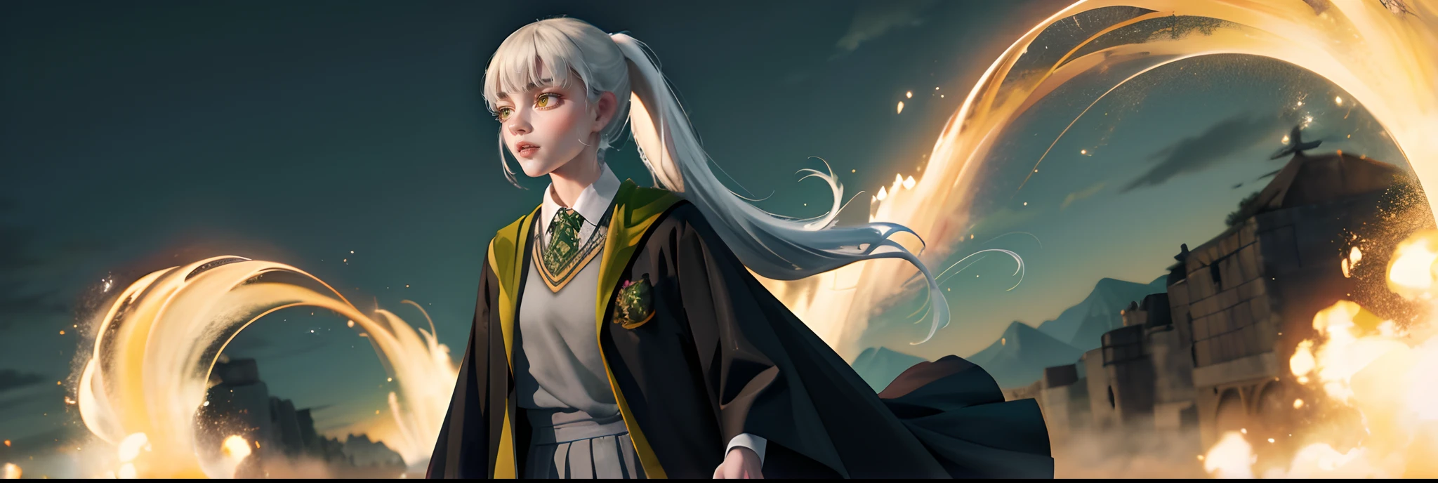 (hight resolution, Best Quality:1.2), brilliance, soft contour, a beautiful painting, Cowboy Shot, (masutepiece), 1girl in, Beautiful Girl, Hogwarts Background, Background of the magical world, Shadow Window, Cool backgrounds, hogwarts school uniform, hogsks, Slytherin, Gray hair in a ponytail, Yellow eyes, Angry look, School Dress, Long skirt, Green tie, cool lady