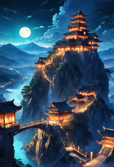 Best quality,Masterpiece,absurdres,(photograph realistic:1.4),surrealism,Dream-like,fusionart,Shadowdancer,shadow magic,Dilapidated castle in the background,pov from above,4K,scenery,Mountain,No Man,Outdoors,sky,Night,architecture,east asian architecture,l...