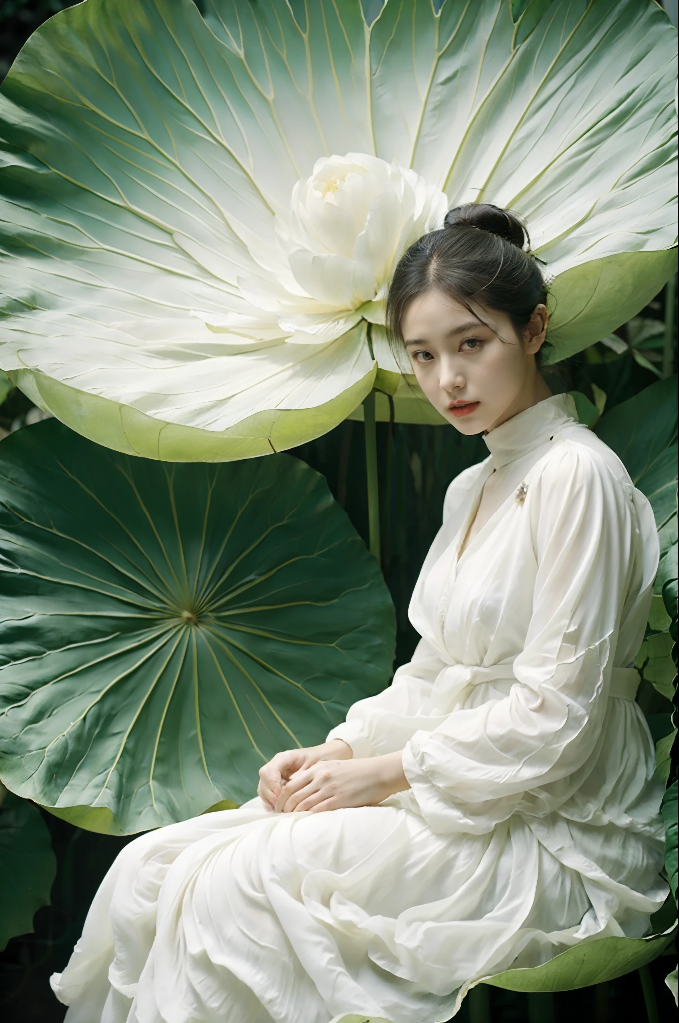 1 girl, Solo, Giant lotus leaf, Black hair, dress, Looking at the audience, White dress, hair-bun, Sitting, single hair bun, Leaves, Long sleeves, Red lips, Realistic