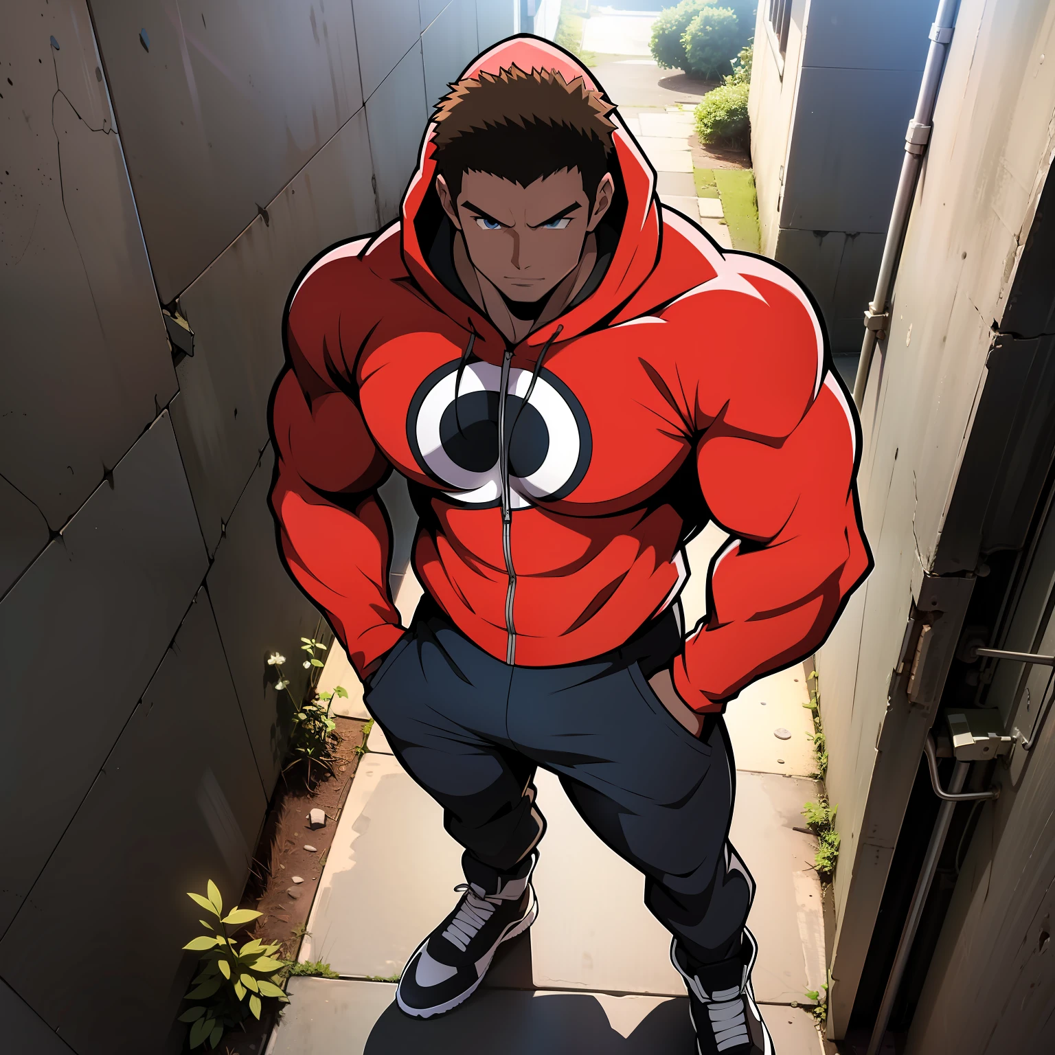 ((arte estilo anime)), imagem superior, angulo de cima para baixo, personagem masculino extremamente musculoso, corpo de bodybuilder, wearing a long-sleeved blouse with hood covering the head, Character is leaning against a wall with his hands in his pockets, Scenery of the Urban Center, rua movimentada, constructions, pessoas e veiculos. Personagem protagonista de anime, imagem bonita, disco Rigido, 4k, Protagonist character leaning against a wall with his hands in his pockets, (((imagem angulo superior)))