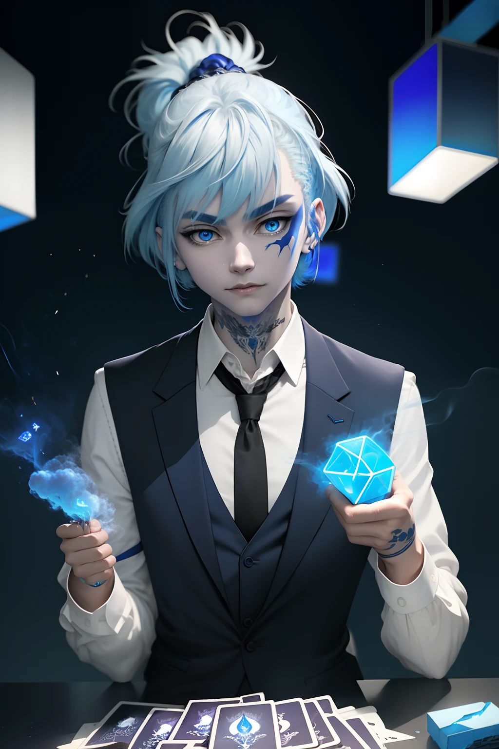 masterpiece, best quality, high quality, 1boy, solo, male focus, looking at cards, glowing neon joker cards on table, hand on face, holding neon cards, aguero_agnes_khun, blue hair, blue eyes, multicolored hair, ponytail, black vase suit , sleeves rolled up, loose tie, tattoos everywhere on body, smirk, blue and silver smoke, blue smoke, rays, flares, dust , futuristic fantasy world, blue glowing cubes in background ,surrounding him, Intricately Hyper Detailed