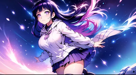 hinata hinata，wear an open-chest sweater，bigboobs，white stockings，are standing，starrysky，light particles