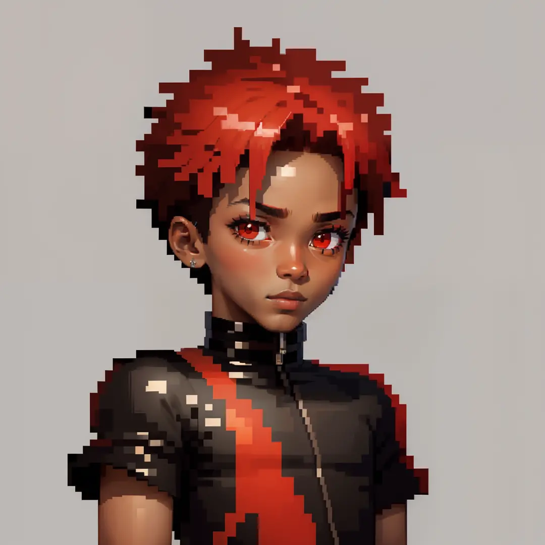 Pixel art, black skin young boy, one eye red color ,red color hair,2d