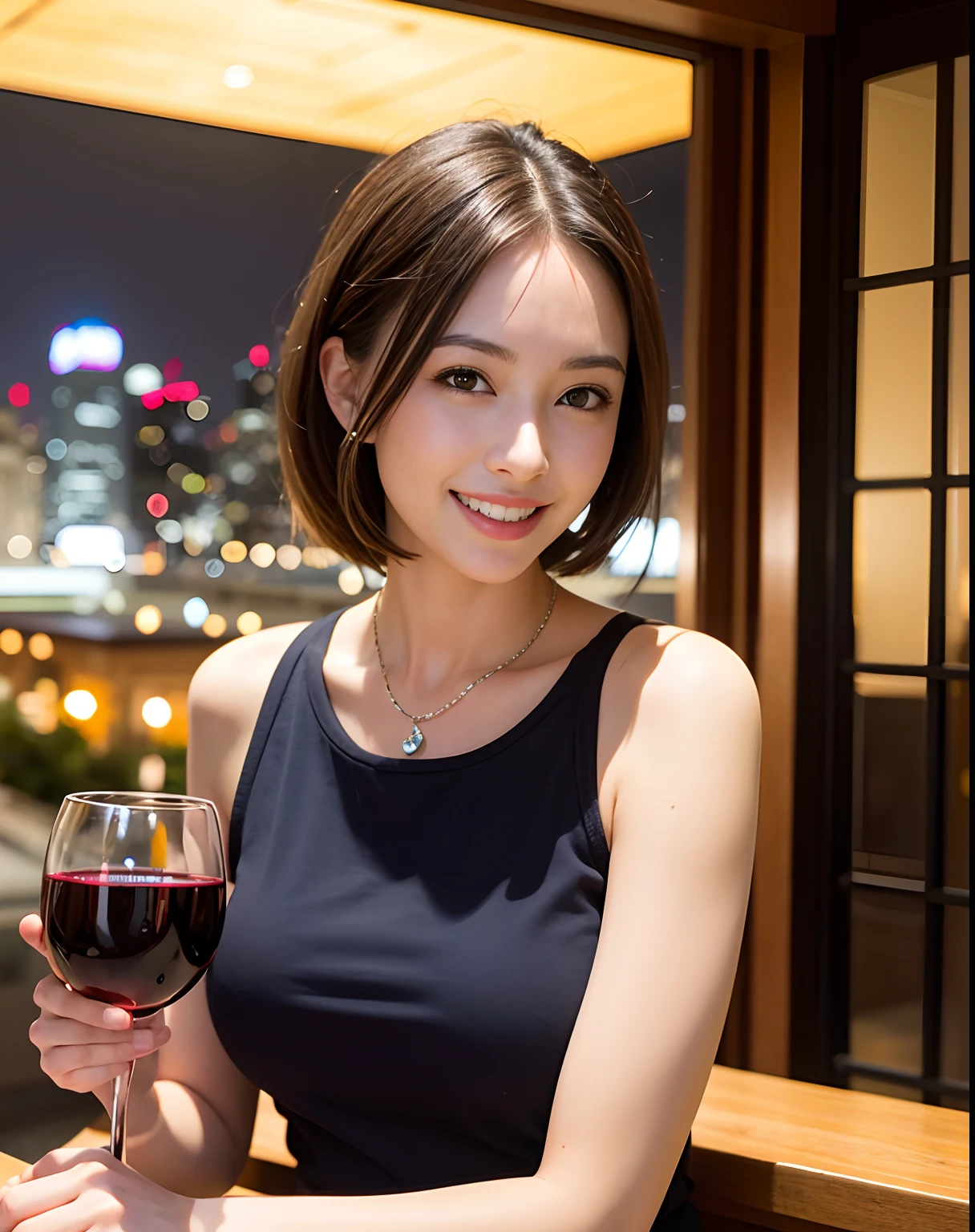 (64K, UHD, top quality, masterpiece: 1.2), (realistic, photorealistic: 1.37), super detailed, pretty woman 1 person, (slim face), (slim body), (brown hair), (short cut), cheeks slightly blushing, (44 years old), 38 years old, solo, beautiful detailed urban night view outside the window, restaurant, wine glasses sit, at night, in a prominent placeNovaFrogStyle, Actress, Model, Waist Up, White Wine, Slim, Wine Glass, Super Clean Night View, Wine Glass Put in the Middle, Happy Smile, (Smile: 1.15), Beautiful Fine Eyes, Upper Body, Bust Japan Up, Night, Short, Short, Actress, Model, Waist Up, White Wine, Slim, Wine Glass, Super Clean Night View, Wine Glass Put in the Middle, Happy Smile,