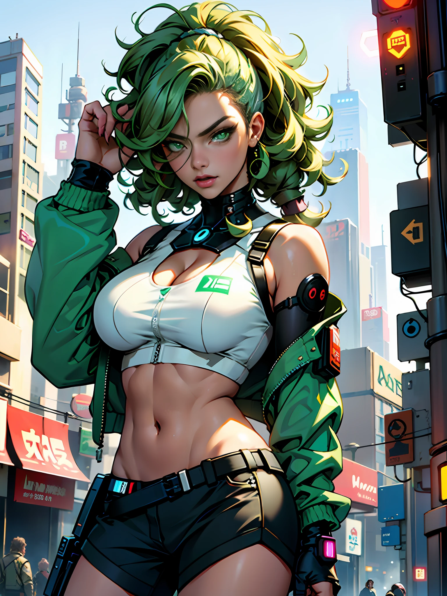1 fille cyberpunk qui a l&#39;air vraiment belle, cheveux bouclés, yeux verts,  dans le style de Cristias Lawssen, ville cyberpunk en arrière-plan